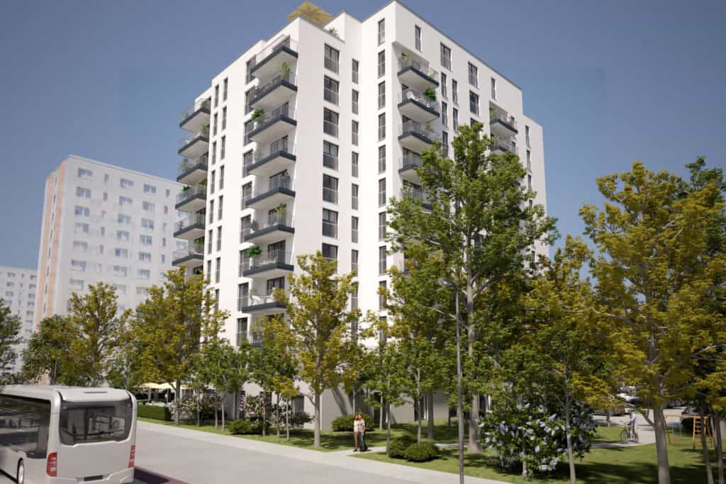Fußgängerperspektive, Blick aus Süd-Ost auf den Neubau Warnowallee, Mehrfamilienhaus