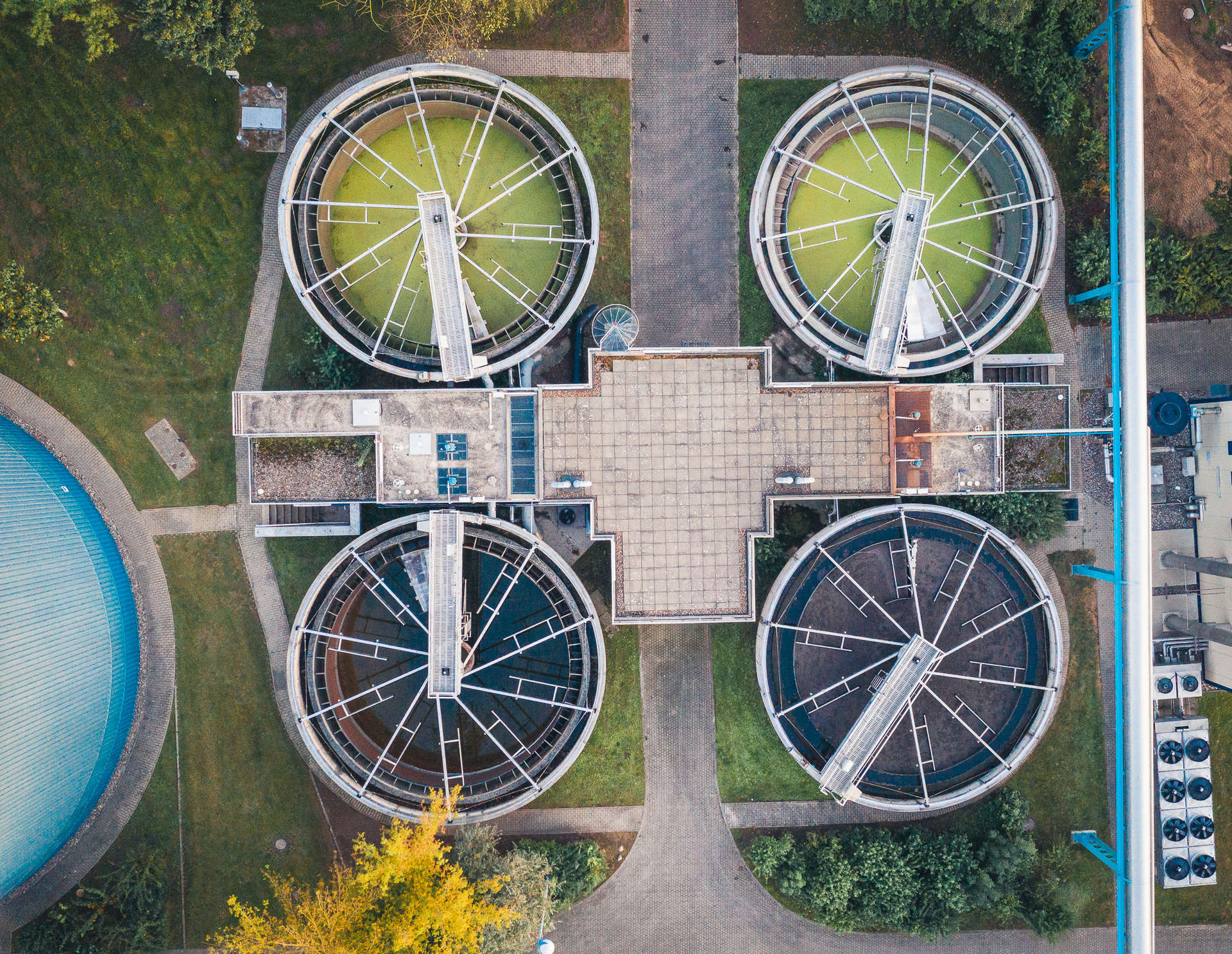 Luftaufnahme von vier Klärbecken im Klärwerk Rostock.