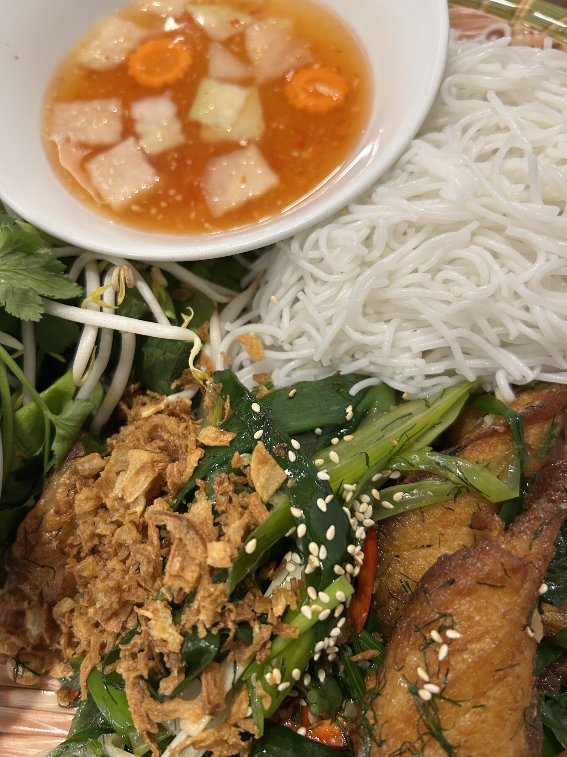 Ein thailändisches Gericht namens Bun Cha, bestehend aus Suppe, Reis, Fleisch und grünem Gemüse