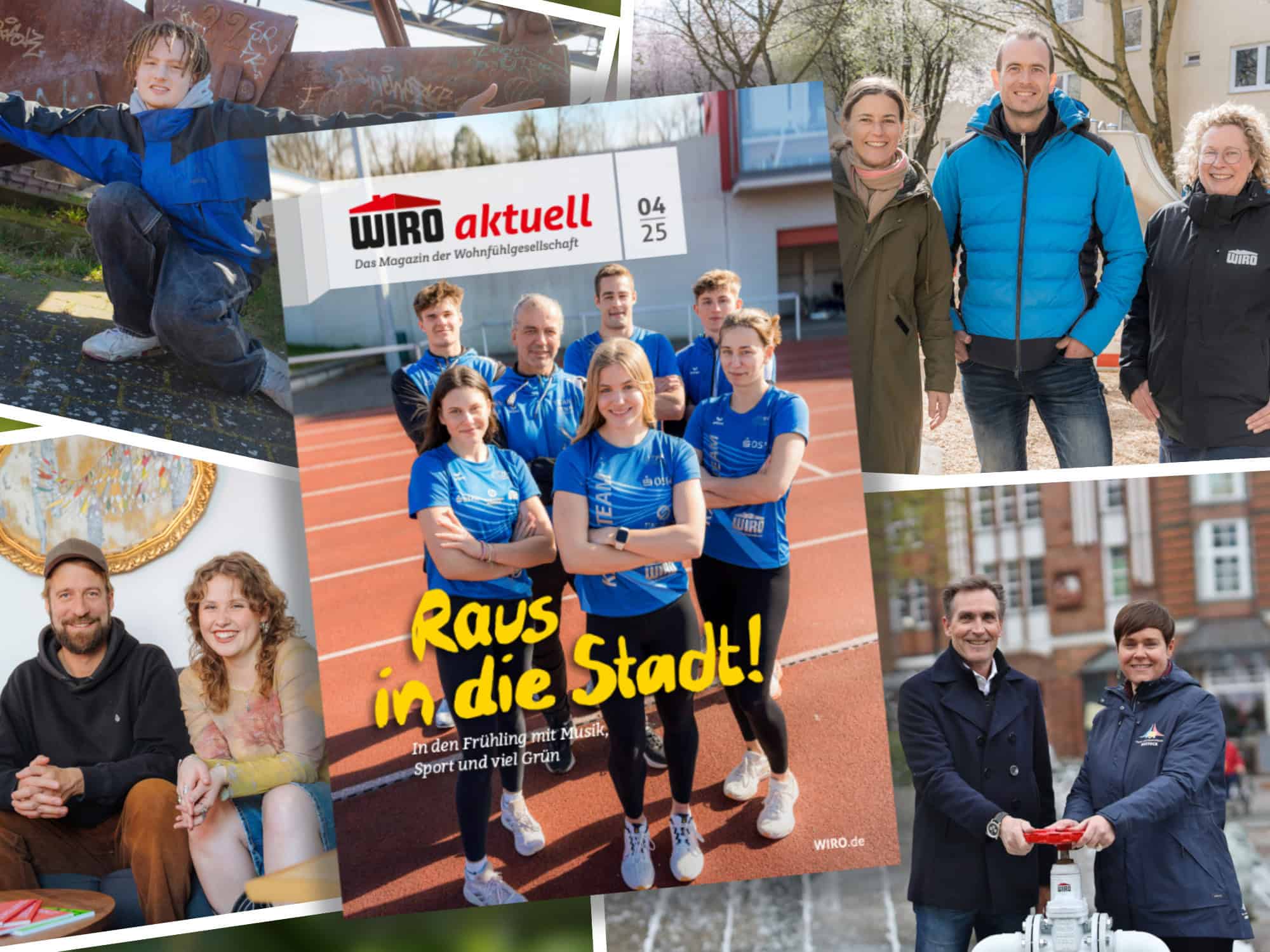 Titelbild des WIRO Mietermagazins WIRO aktuell April 2025 - Gruppenbild 7 Sportlerinnen und Sportler des Rostocker Vereins 1. LAV auf der Laufbahn des Rostocker Leichtathletikstadions