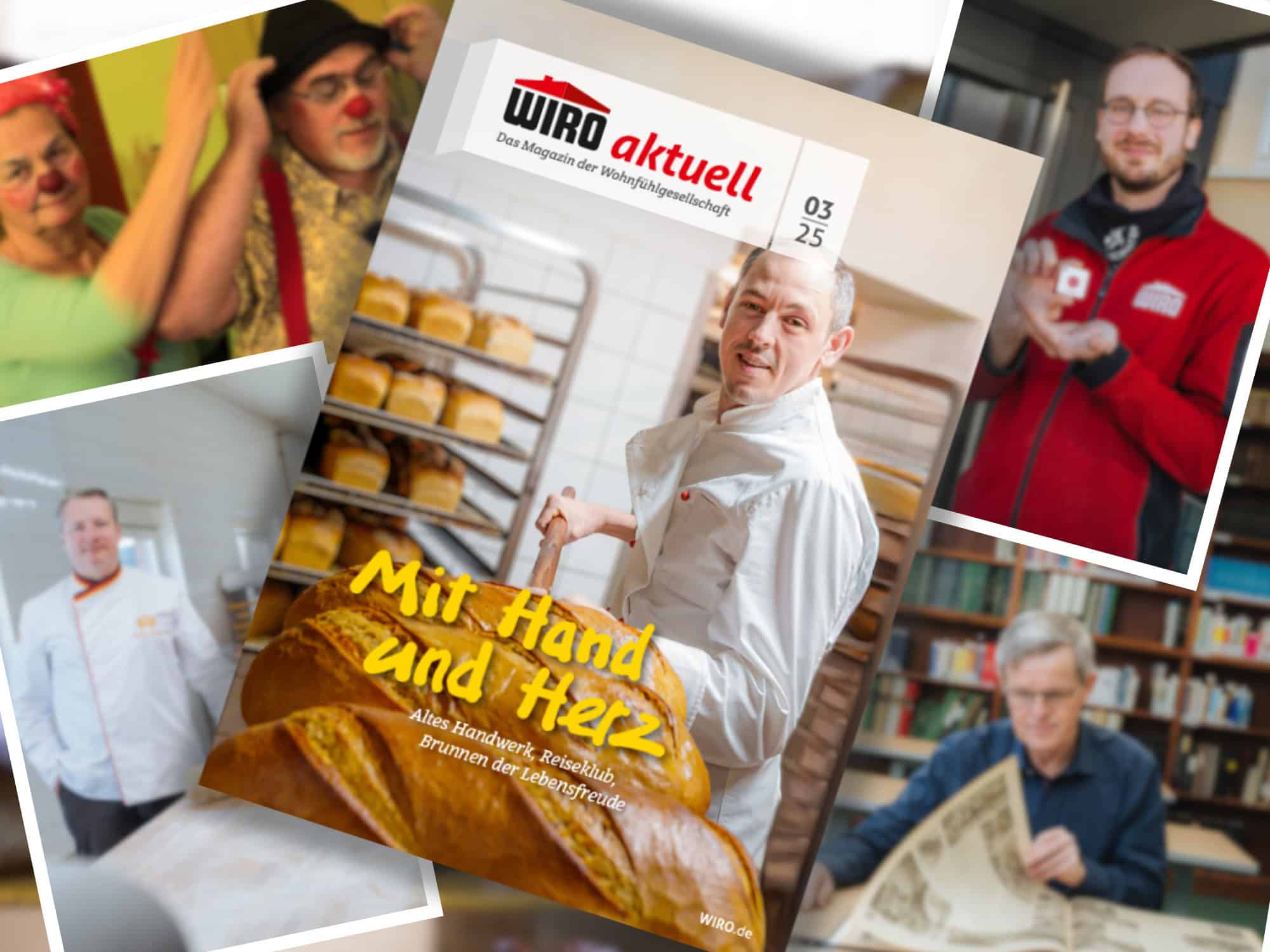 Titelbild des WIRO Mietermagazins WIRO aktuelle März 2025 - Rostocker Bäckermeister Richard Groth präsentiert frisch gebackenes Brot