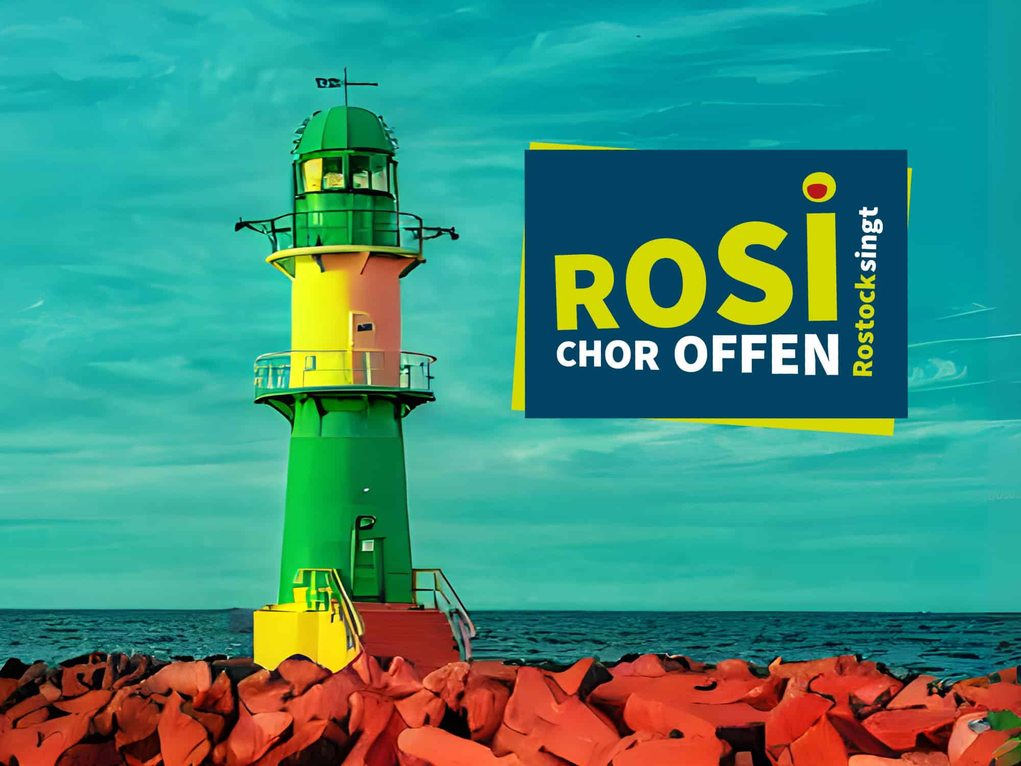 25-05-13 Kopfbild Rosi Warnemünder Woche Bildmontage: Logo von Rostock singt vor einem Bild des grünen Warnemünder Molen-Leuchtfeuers