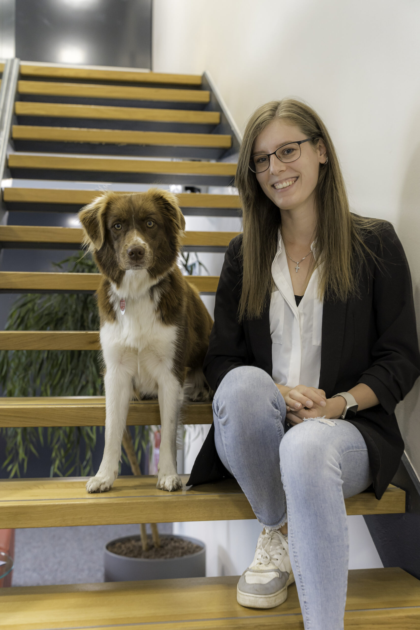 Mieterlexikon Hund Eine junge Dame mit langen glatten hellbraunen Haaren und Brille sitzt lächelnd mit ihrem braun-weißen Hund auf einer Treppe.