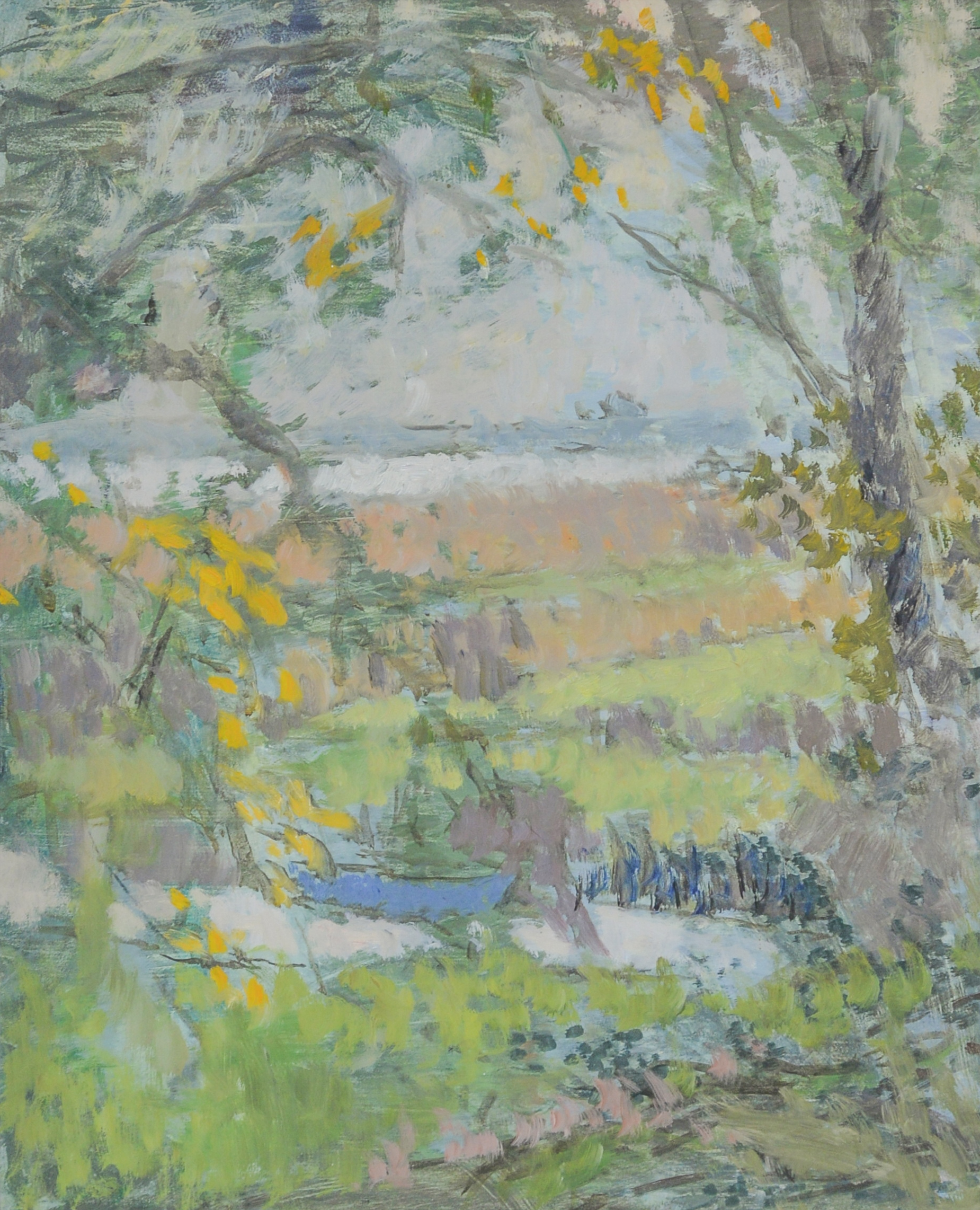 Eine Pastellmalerei von Sabine Curio "Blick aufs Haff im Herbst" von 1990