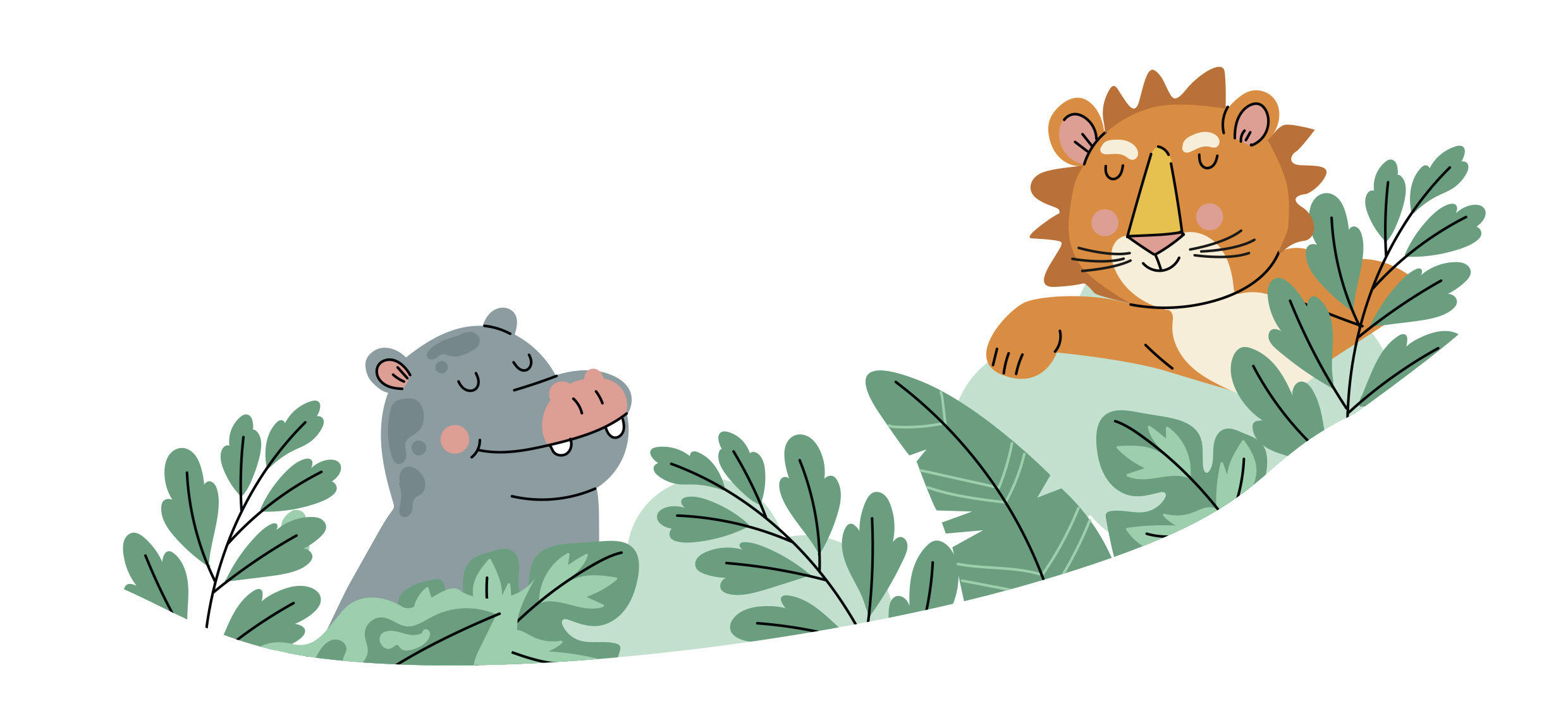 Eine Grafik mit einem lustigen Hippo und einem schmusigen Löwen, die sich beide anlächeln.