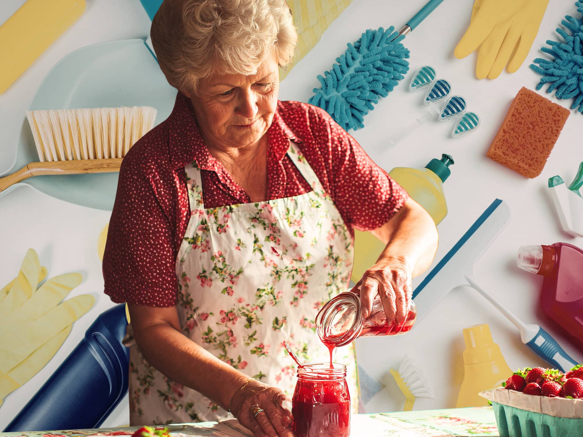 Eine Omi mit weißen Locke, roter Bluse und Kittelschürze eim Einwecken von Erdbeeren. Im Hintergrund Haushaltsgegenstände wie Bürsten, Staubwedel, Schwämme und Handschuhe.