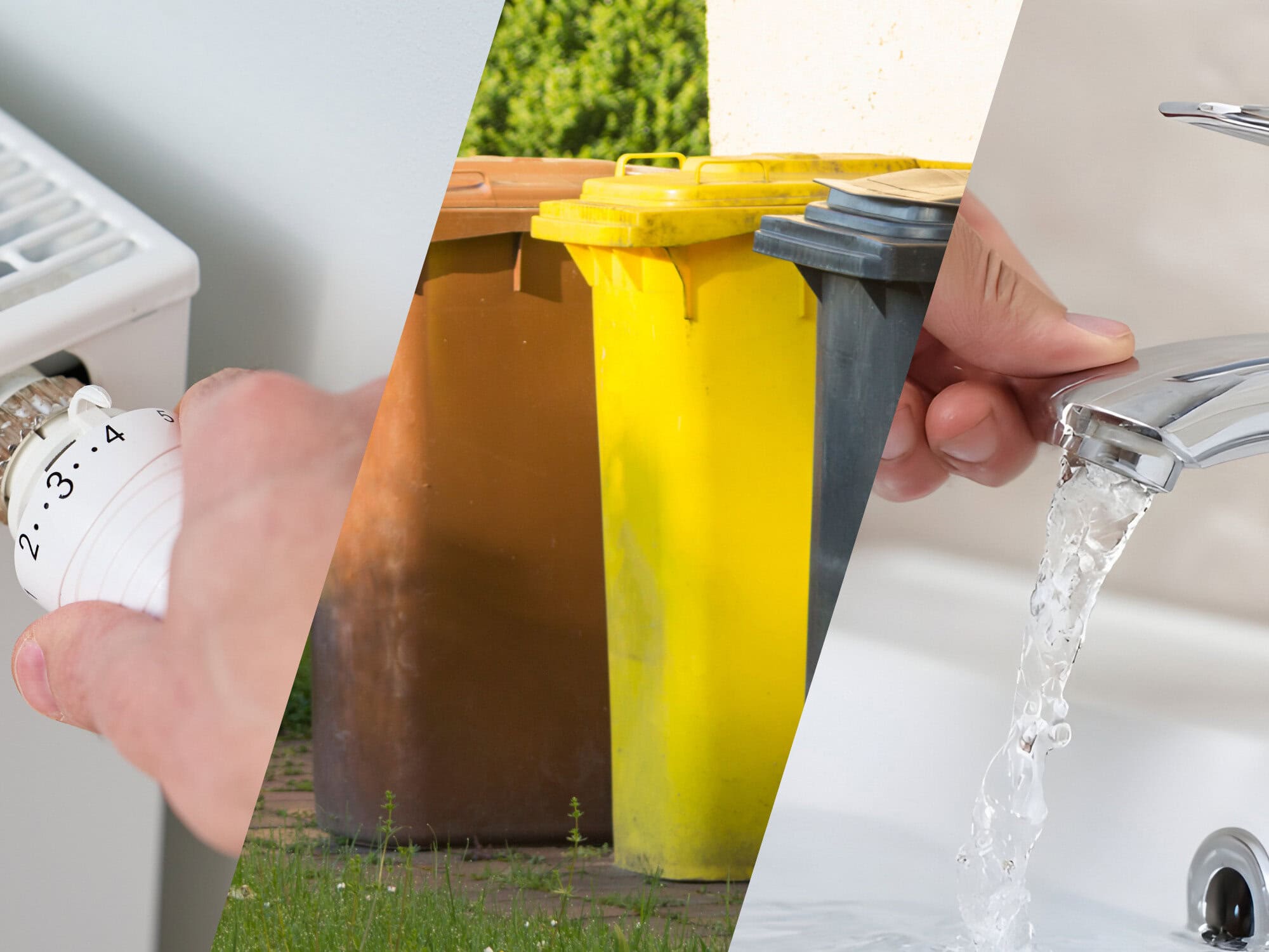 Nebenkosten 20026 - Symbolbild, Zusammenstellung aus Hand am Heizungsthermostat, Mülltonnen und Hand am Wasserhahn