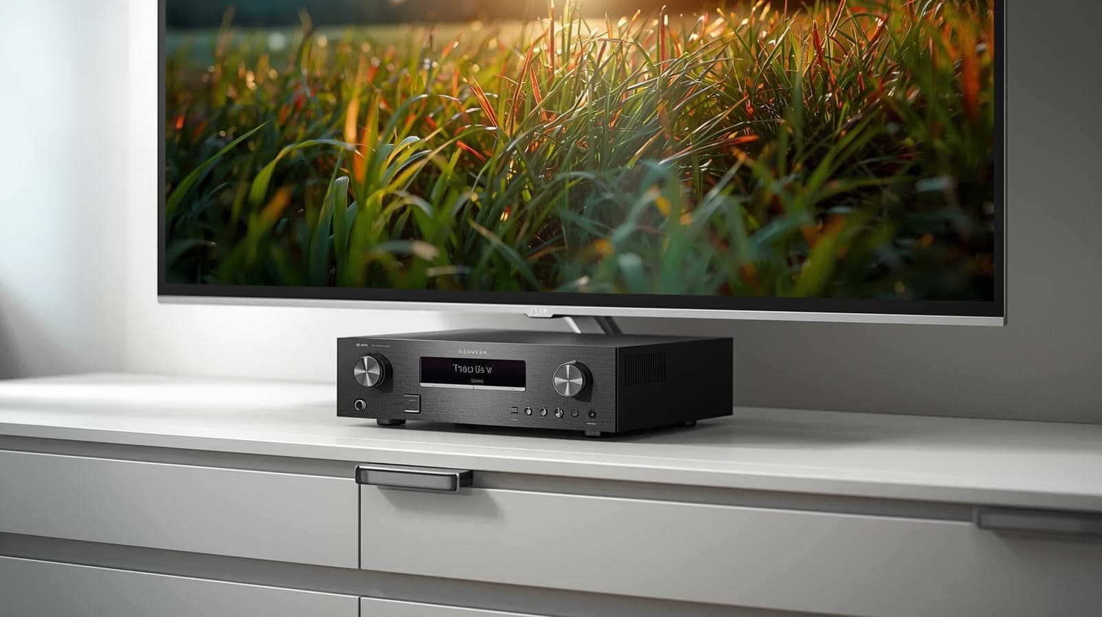 Ein Fernseher steht auf einer Kommode. Darunter steht ein Receiver.