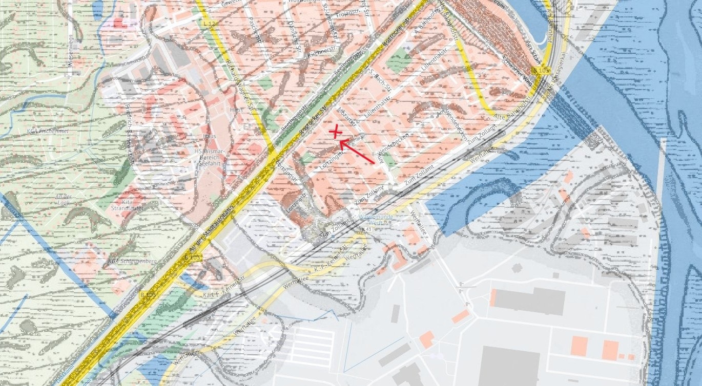 Eine historische Karte von Warnemünde. Die Lortzingstraße 9 und 10 ist rot markiert.