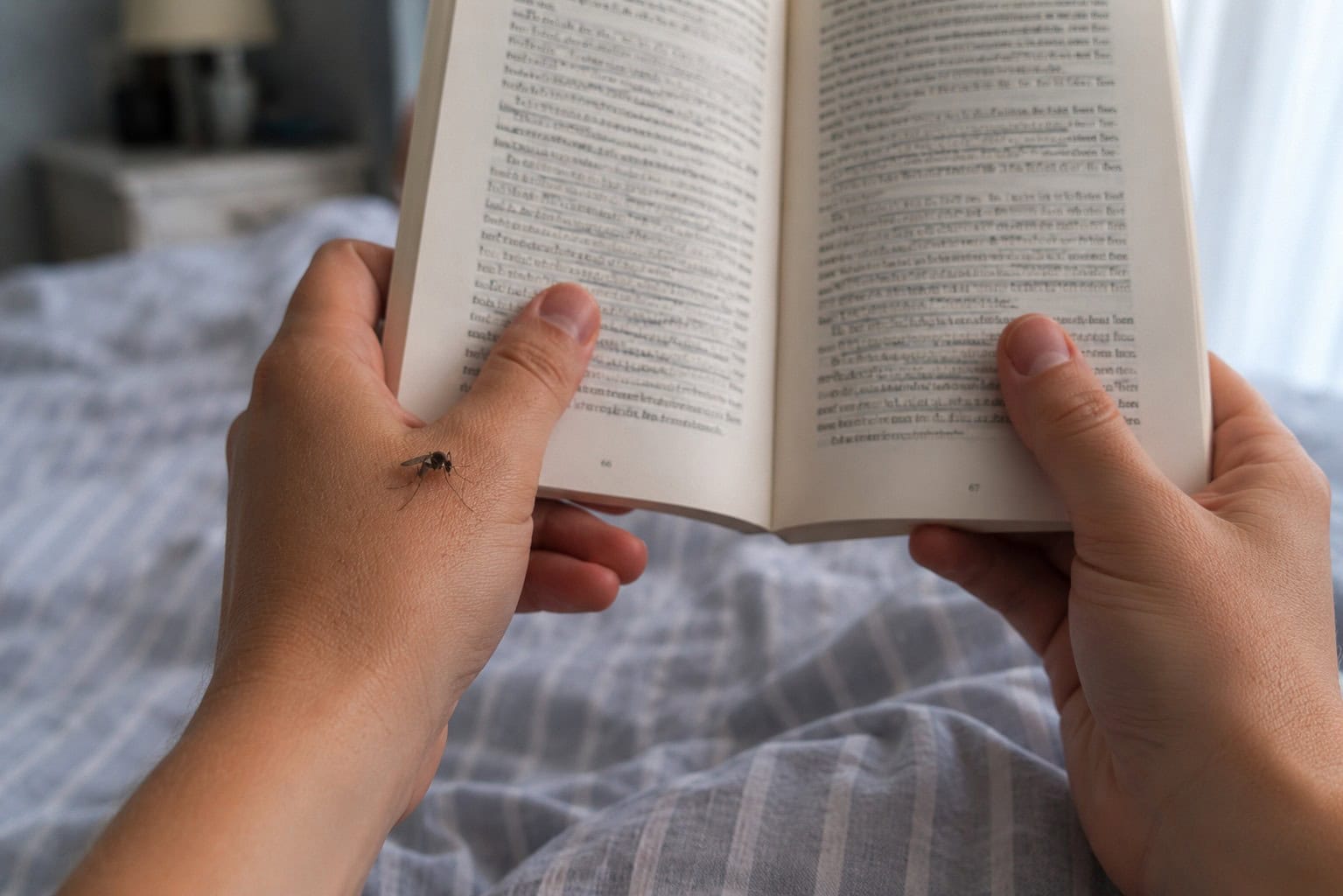 Eine Mücke sitzt auf einer Hand, die ein Buch hält