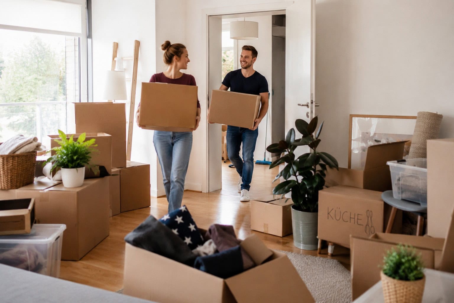 Ein Pärchen trägt Umzugskartons in eine Wohnung