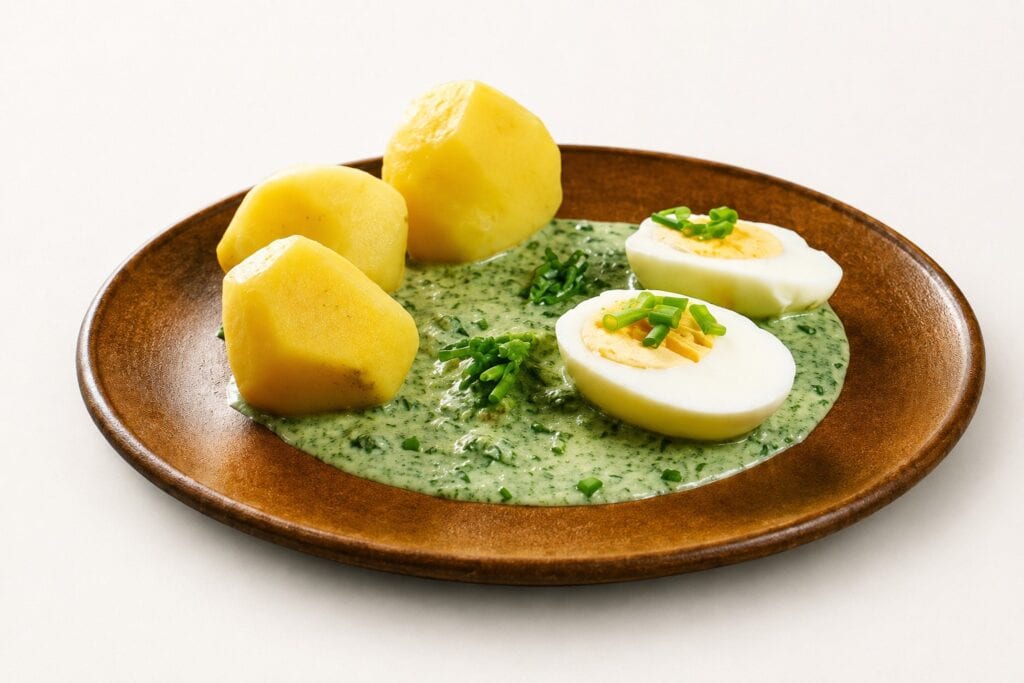 Ein brauner Teller mit Kartoffeln, Ei und Frankfurter Grüner Soße.