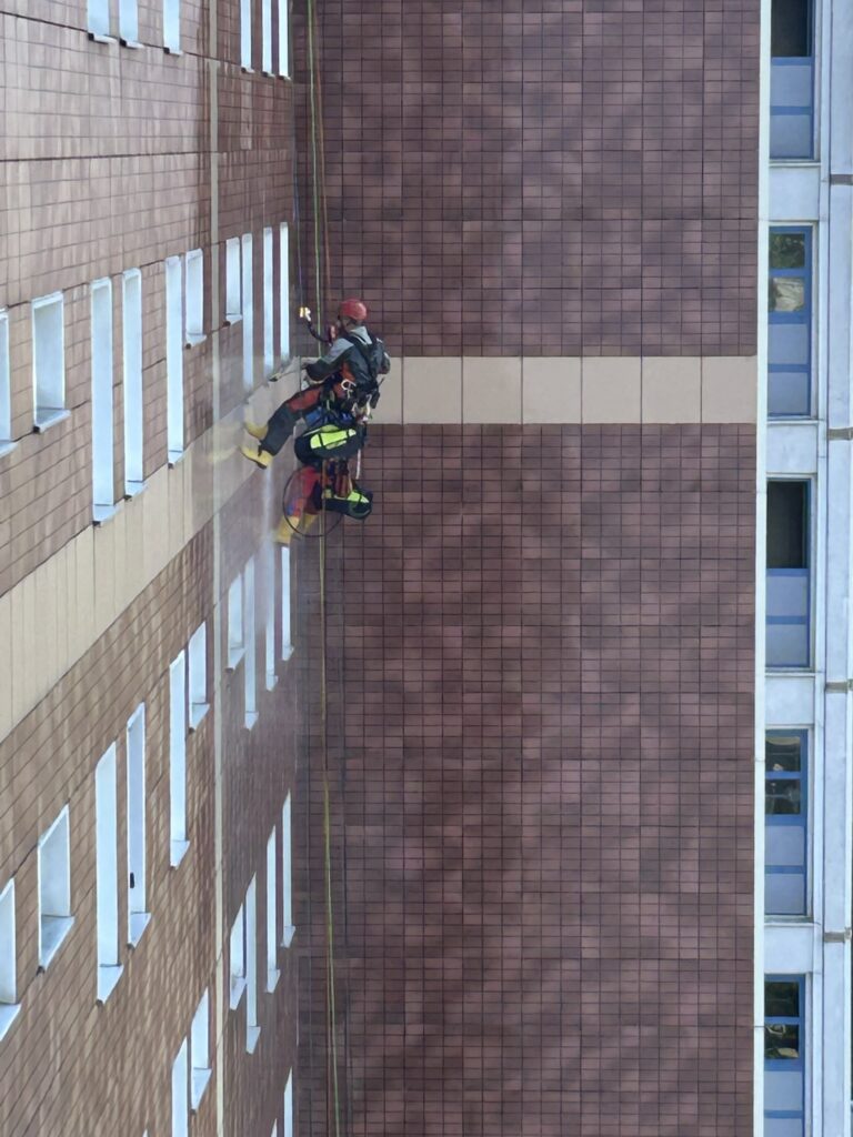 Da wurde einigen Lütten Kleinern schon beim Zusehen schwindelig. In den vergangenen Wochen waren Fassadenkletterer an der Wohnscheibe Warnowallee 6 bis 10 im Einsatz.